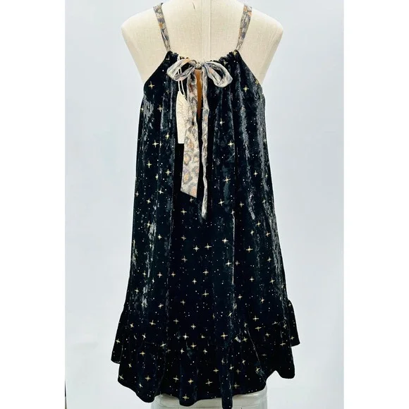 NWT Blk Velvet Metallic Gold Star Print‎ Halter Dress Fairy Grunge Whimsy Goth S - Picture 2 of 9